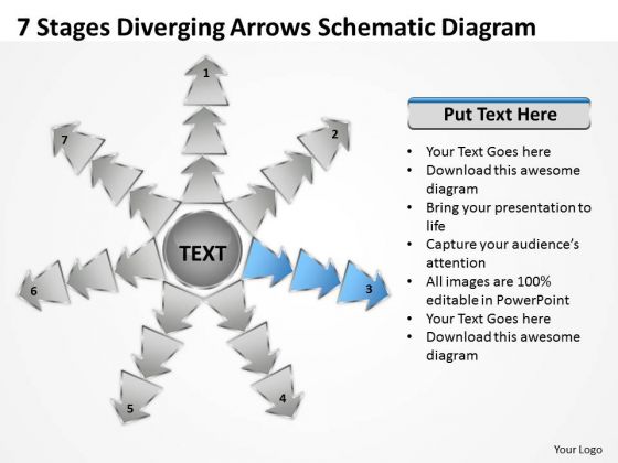 7 Stages Diverging Arrows Schematic Diagram Ppt Charts And Networks PowerPoint Slide