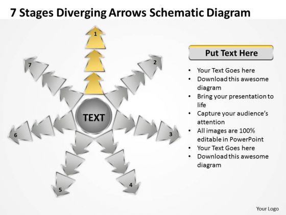 7 Stages Diverging Arrows Schematic Diagram Ppt Charts And Networks PowerPoint Slides