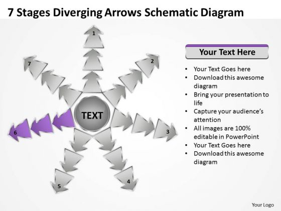 7 Stages Diverging Arrows Schematic Diagram Ppt Software PowerPoint Slides