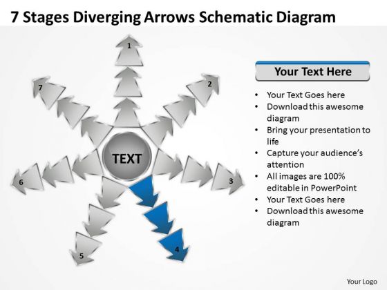 7 Stages Diverging Arrows Schematic Diagram Software PowerPoint Slides