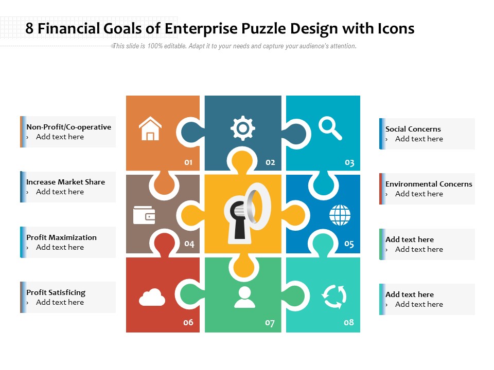 8 Financial Goals Of Enterprise Puzzle Design With Icons Ppt PowerPoint Presentation Gallery Graphics Pictures PDF