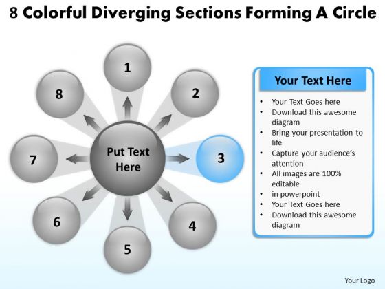8 Colorful Diverging Sections Forming A Circle Circular Flow Process Chart PowerPoint Slides
