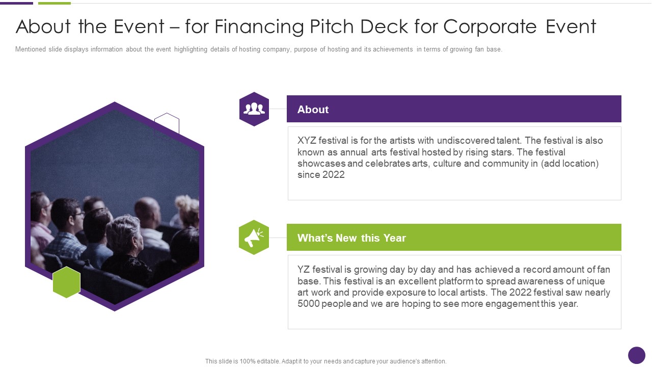 About The Event For Financing Pitch Deck For Corporate Event Graphics PDF