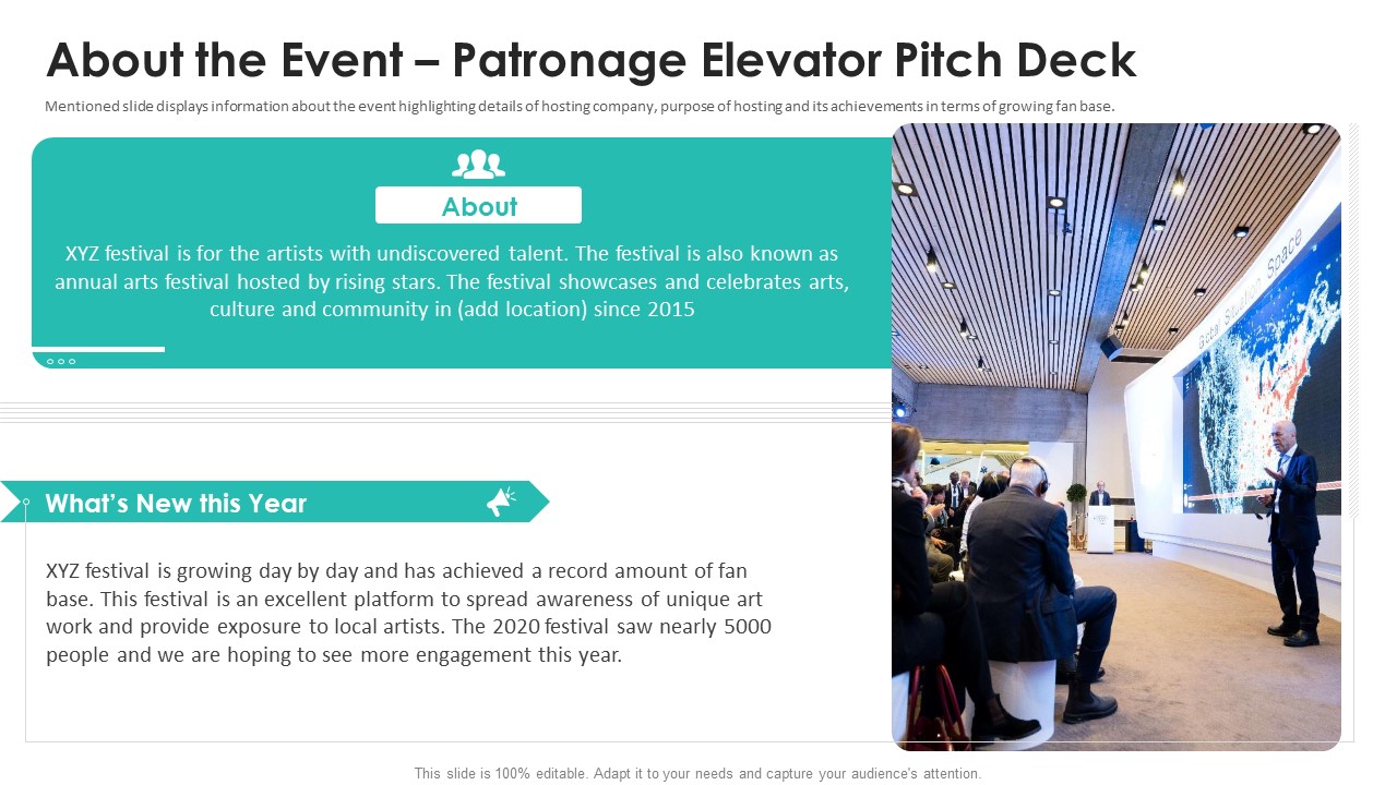 About The Event Patronage Elevator Pitch Deck Microsoft PDF