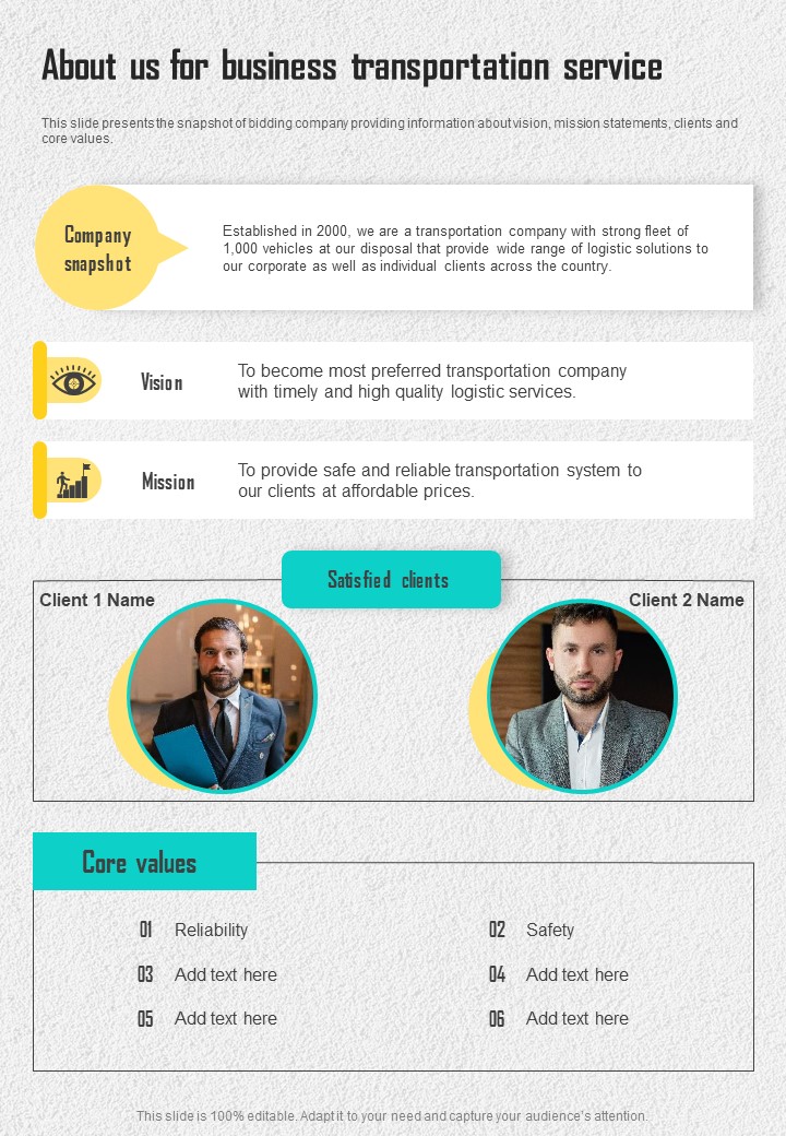 About Us For Business Transportation Service One Pager Sample Example Document