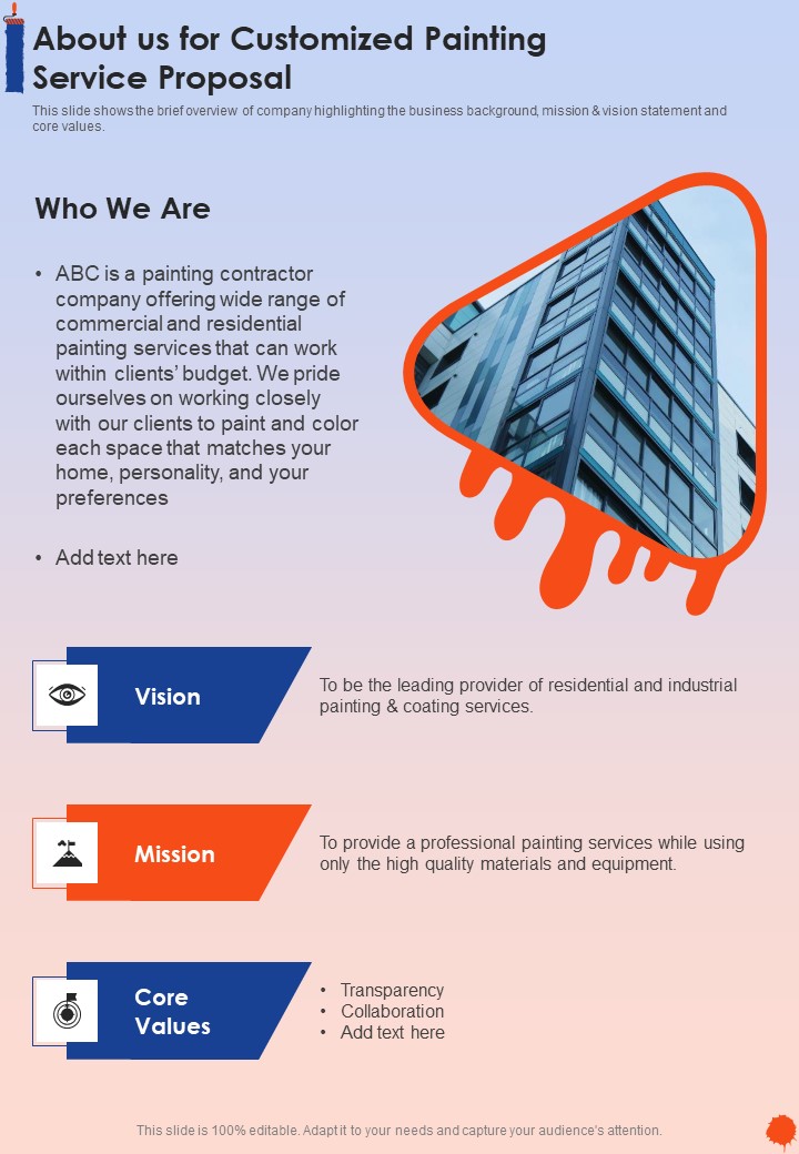 About Us For Customized Painting Service Proposal One Pager Sample Example Document