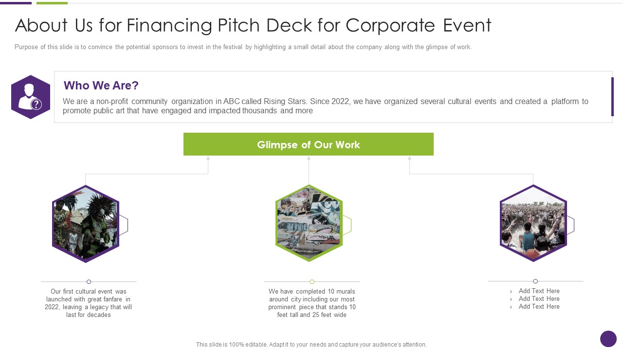 About Us For Financing Pitch Deck For Corporate Event Mockup PDF