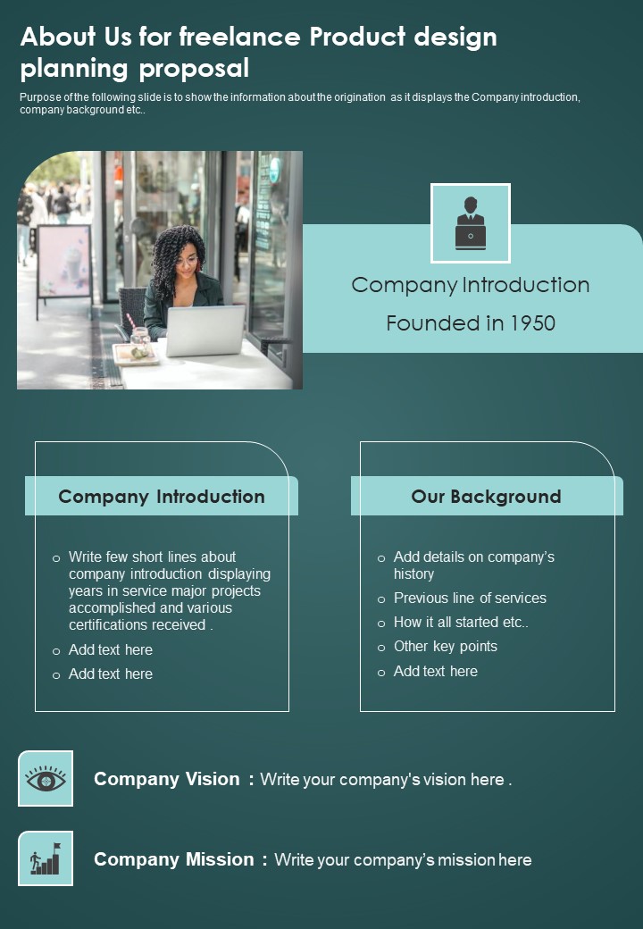 About Us For Freelance Product Design Planning Proposal One Pager Sample Example Document