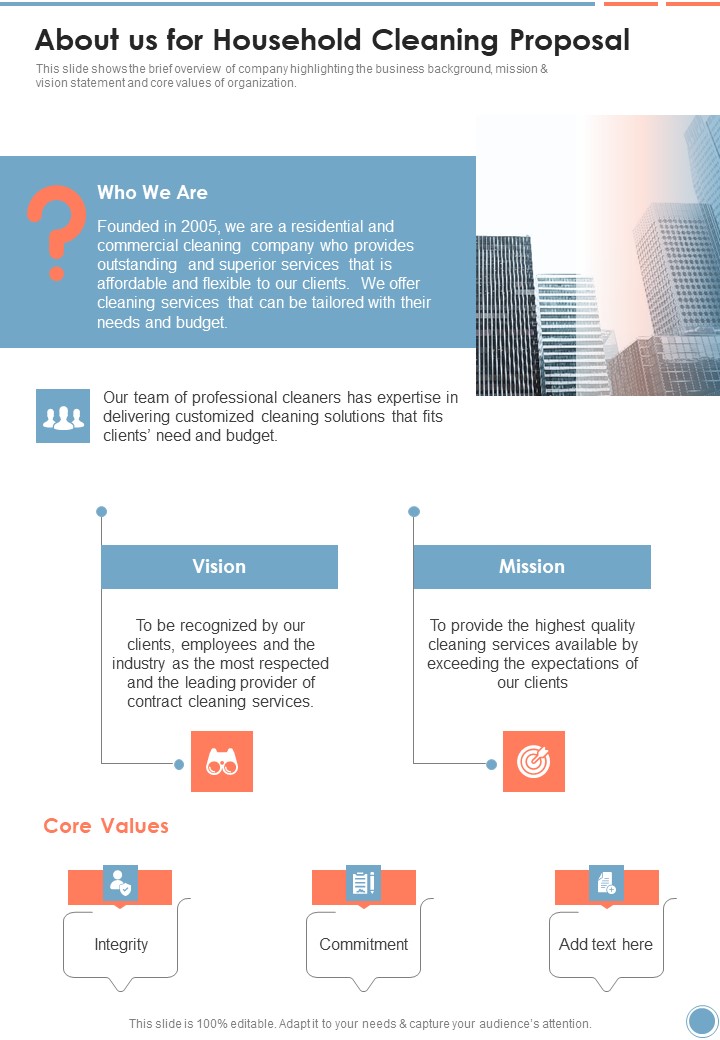 About Us For Household Cleaning Proposal One Pager Sample Example Document