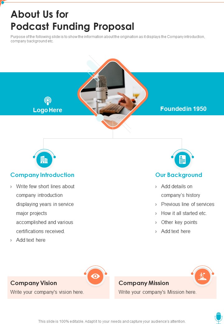 About Us For Podcast Funding Proposal One Pager Sample Example Document