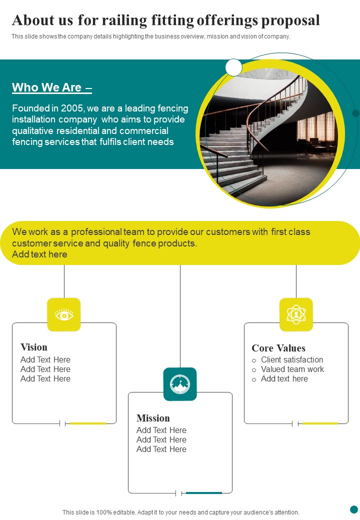 About Us For Railing Fitting Offerings Proposal One Pager Sample Example Document