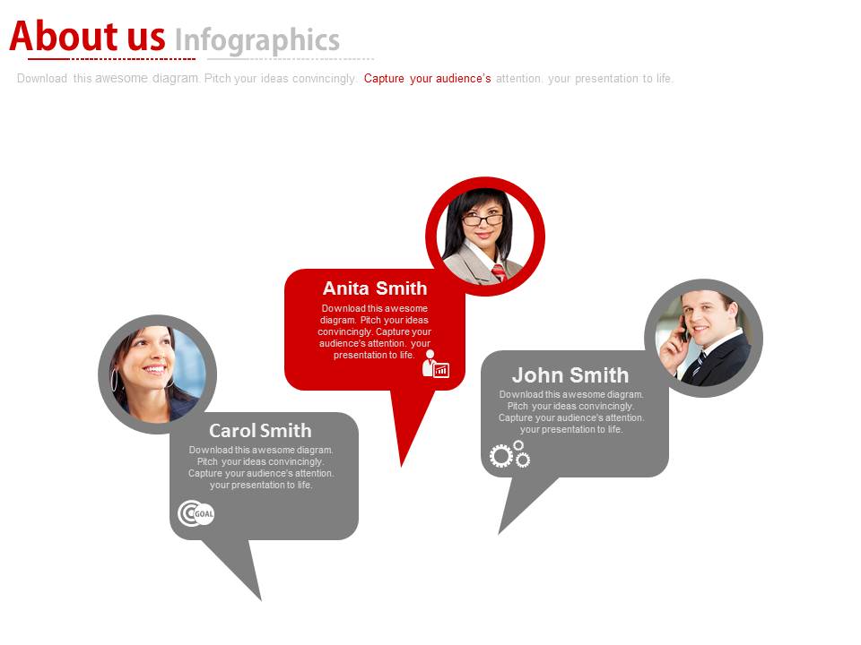 About Us With Team Goals Tags Powerpoint Slides