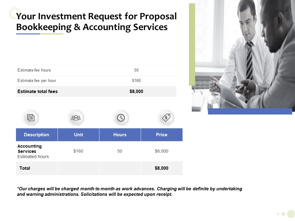 Accounting And Tax Services Your Investment Request For Bookkeeping And Accounting Services Elements PDF