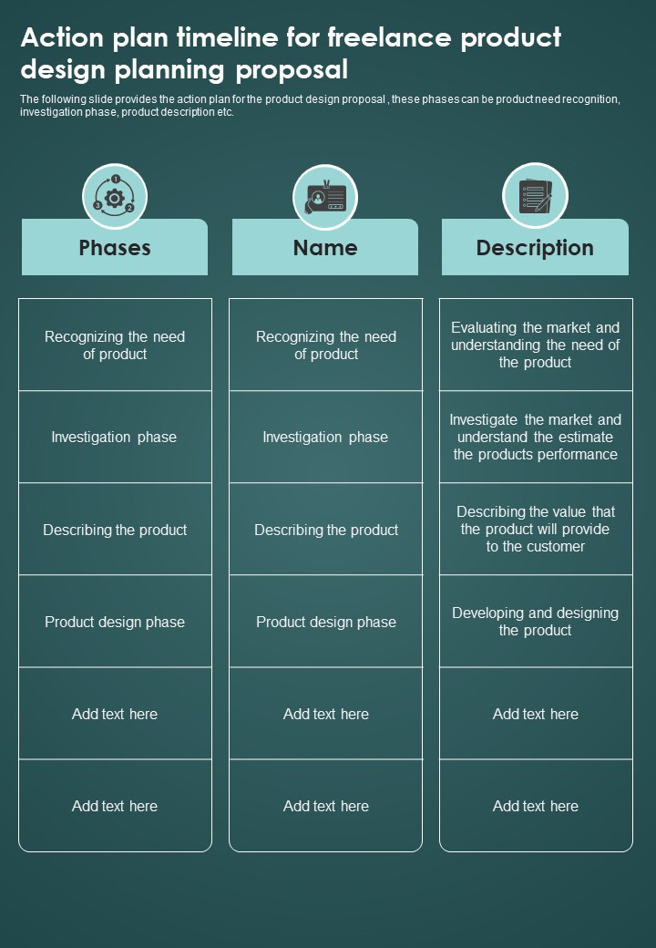 Action Plan Timeline For Freelance Product Design Planning Proposal One Pager Sample Example Document