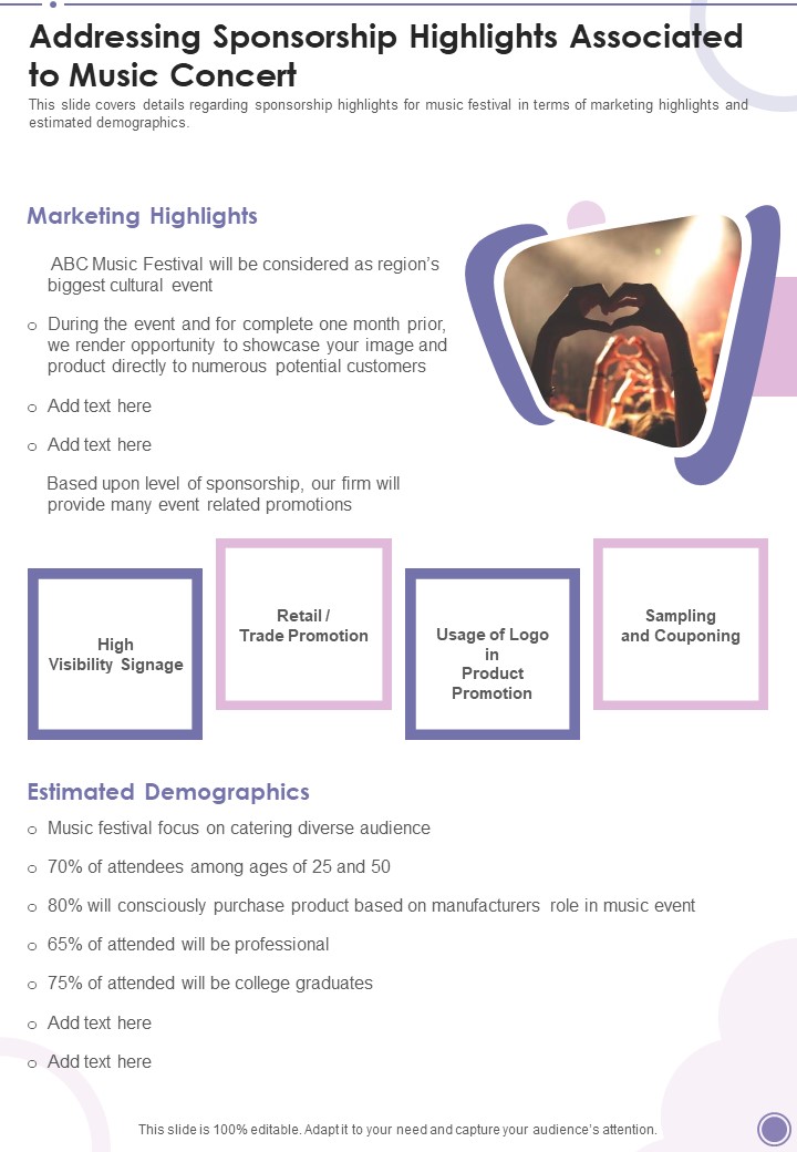 Addressing Sponsorship Highlights Associated To Music Concert One Pager Sample Example Document