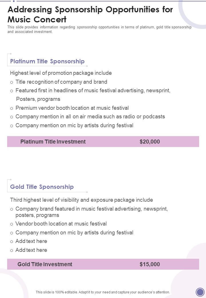 Addressing Sponsorship Opportunities For Music Concert One Pager Sample Example Document