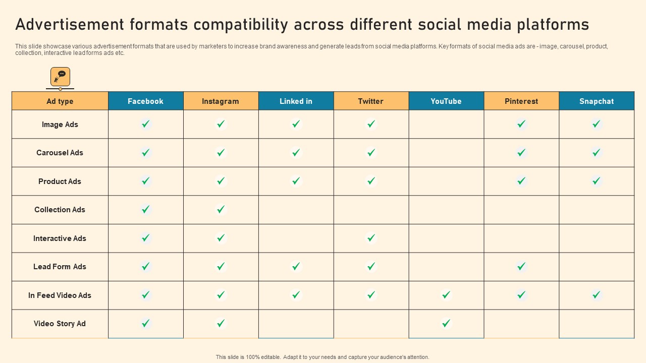 Advertisement Formats Compatibility Across Different Social Media Platforms Ppt PowerPoint Presentation File Example PDF