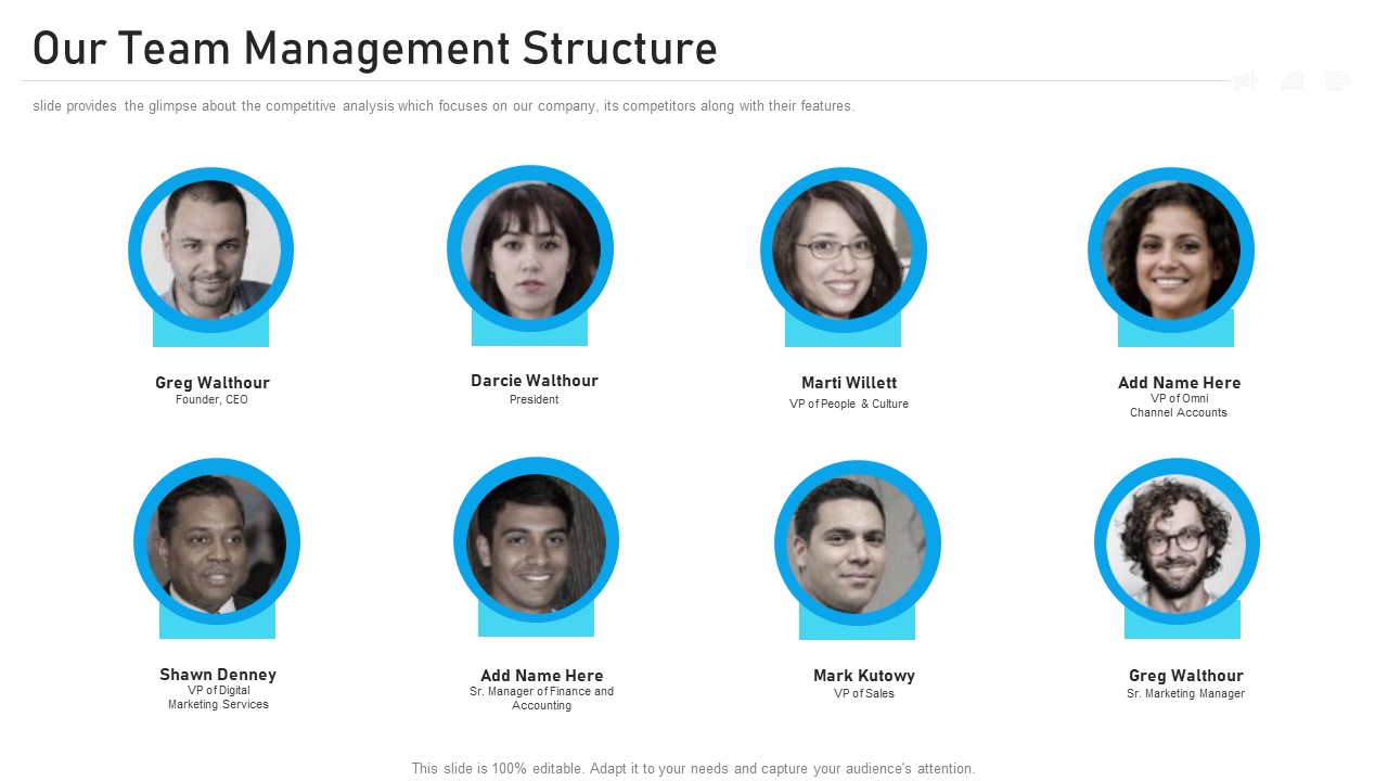 Advertising Pitch Deck Our Team Management Structure Graphics PDF