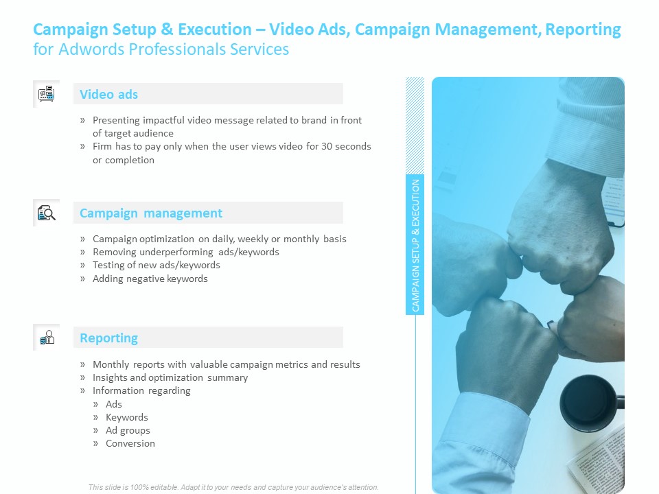 Adwords PPC Campaign Setup And Execution Video Ads Campaign Management Reporting For Services Information PDF