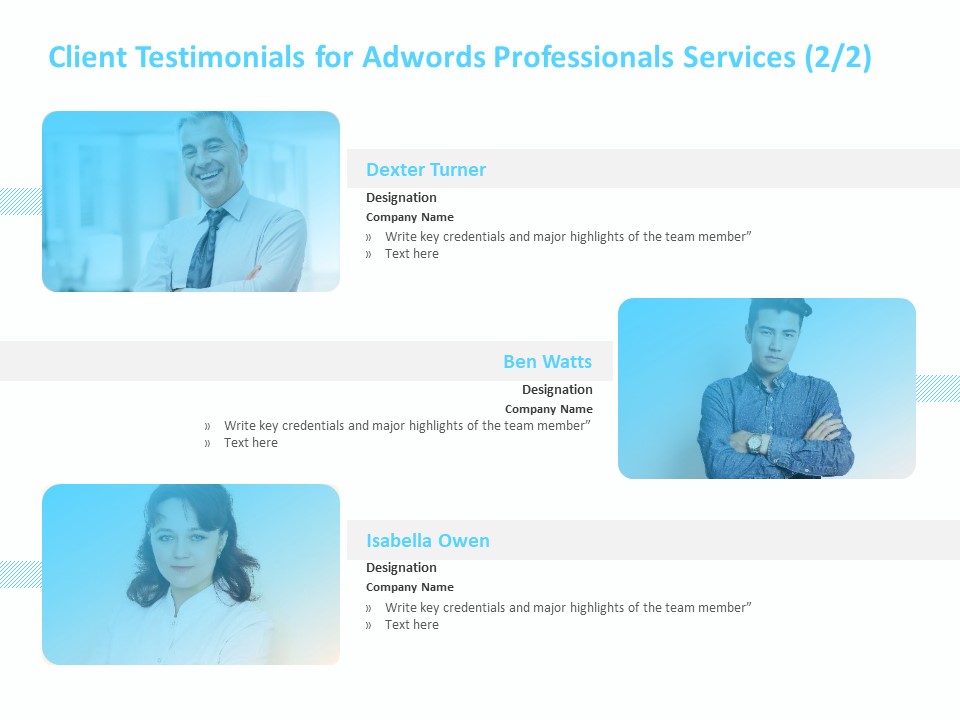 Adwords PPC Client Testimonials For Adwords Professionals Services Team Ppt Outline Visual Aids PDF