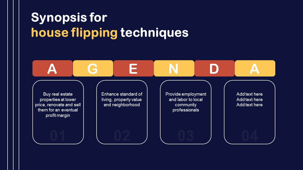 Agenda Synopsis For House Flipping Techniques Icons PDF