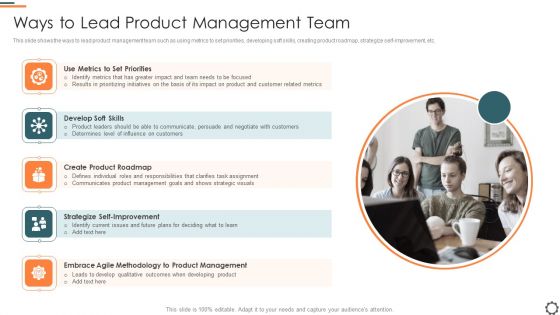 Agile Group For Product Development Ways To Lead Product Management Team Portrait PDF