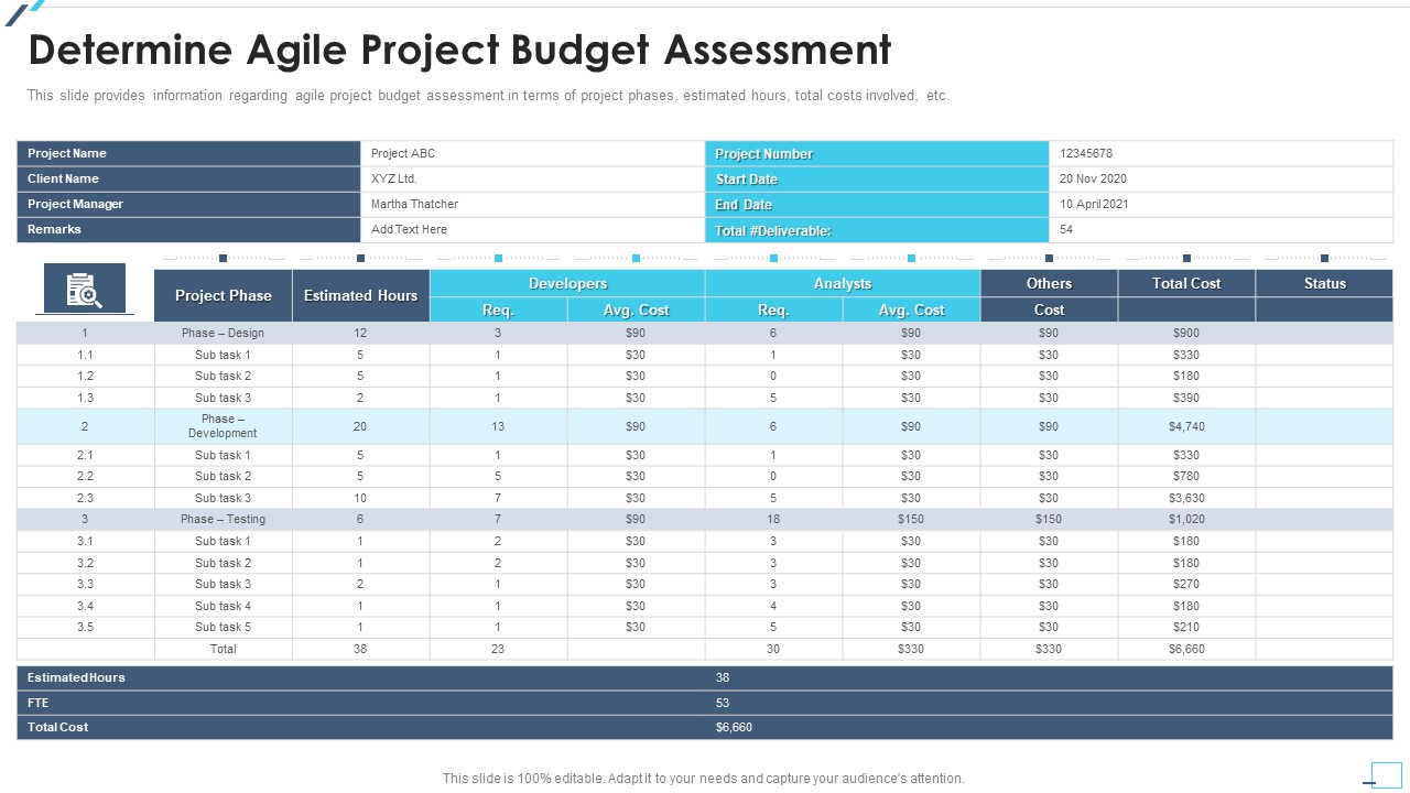Agile Project Playbook Presentation Determine Agile Project Budget Assessment Summary PDF