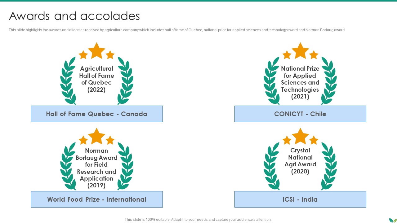 Agricultural Business Company Profile Awards And Accolades Background PDF