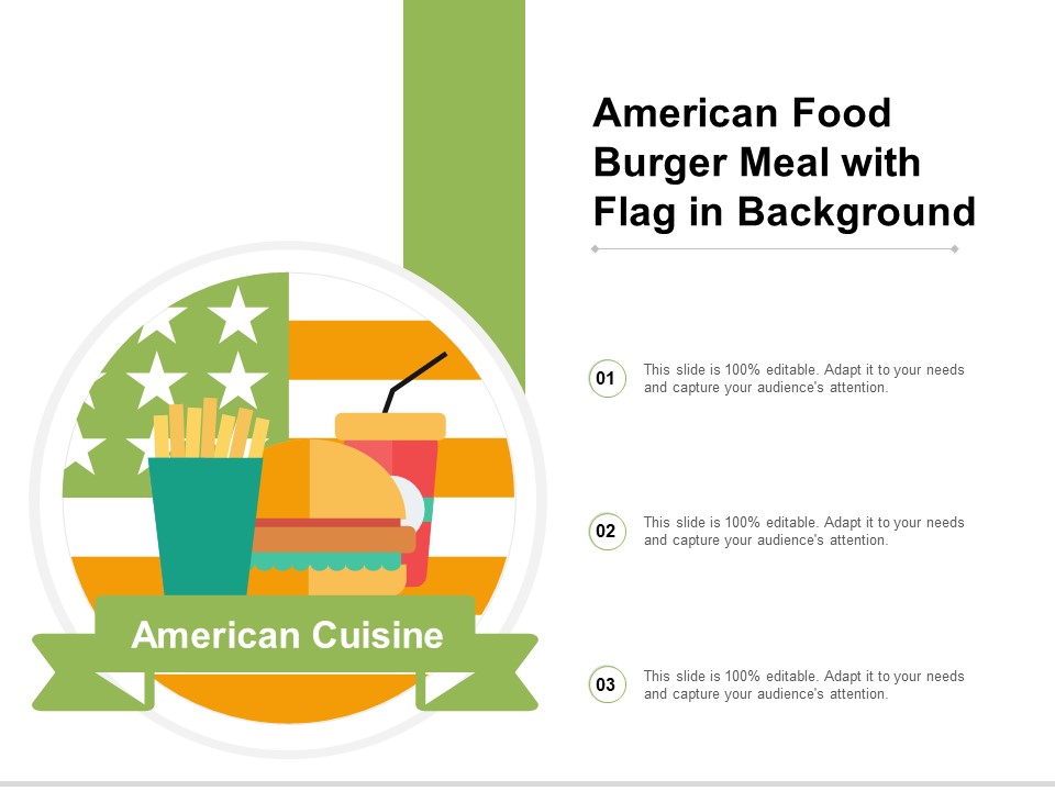 American Food Burger Meal With Flag In Background Ppt PowerPoint Presentation Gallery Graphics Example