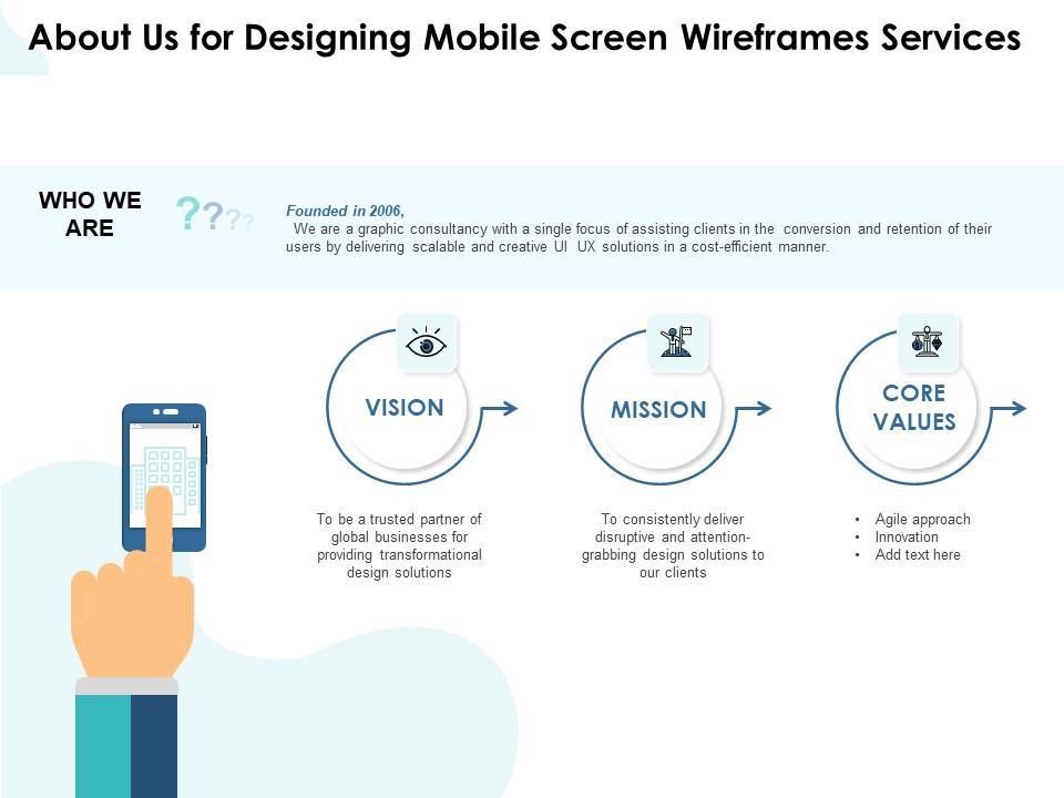 App Wireframing About Us For Designing Mobile Screen Wireframes Services Information PDF