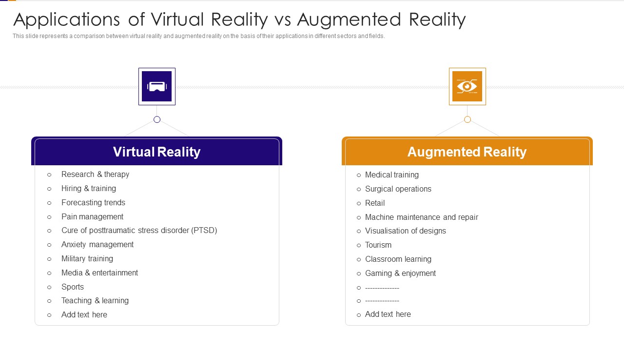 Applications Of Virtual Reality Vs Augmented Reality Ppt PowerPoint Presentation File Deck PDF