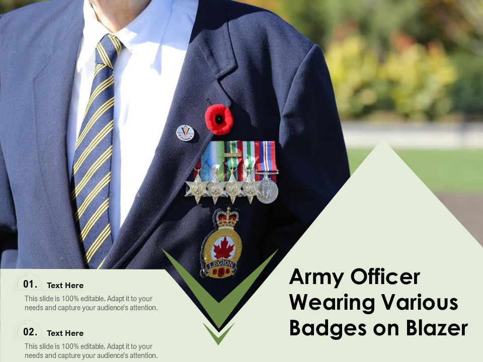 Army Officer Wearing Various Badges On Blazer Ppt PowerPoint Presentation File Deck PDF