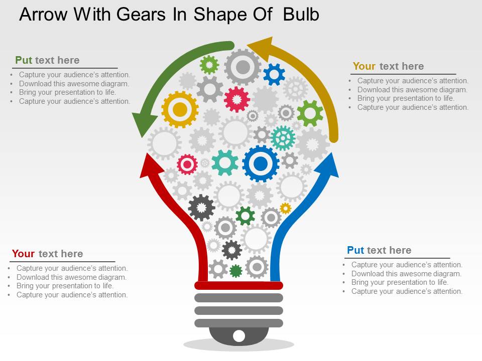 Arrow With Gears In Shape Of Bulb Powerpoint Templates
