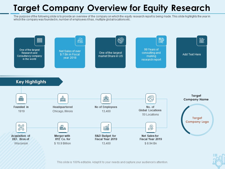 Assessing Stocks In Financial Market Target Company Overview For Equity Research Ppt PowerPoint Presentation File Vector PDF