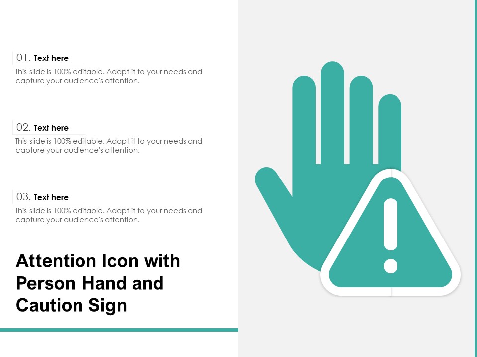 Attention Icon With Person Hand And Caution Sign Ppt PowerPoint Presentation Styles Shapes PDF