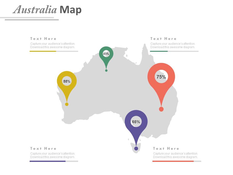 Australia Map With Four Location Pointers Powerpoint Slides