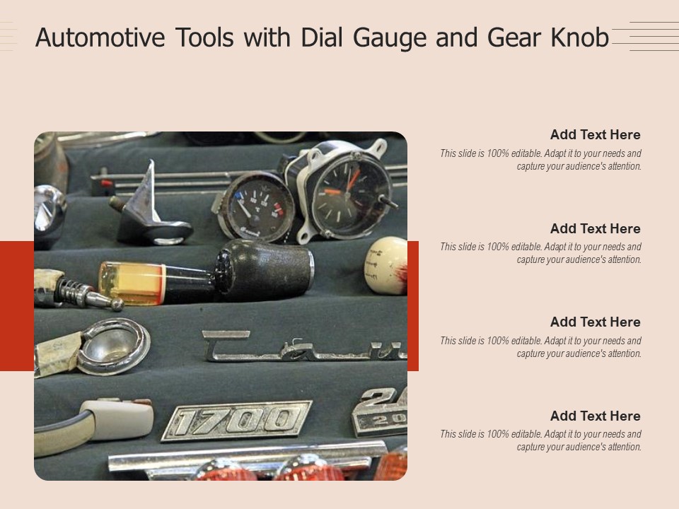 Automotive Tools With Dial Gauge And Gear Knob Ppt PowerPoint Presentation Gallery Background Image PDF