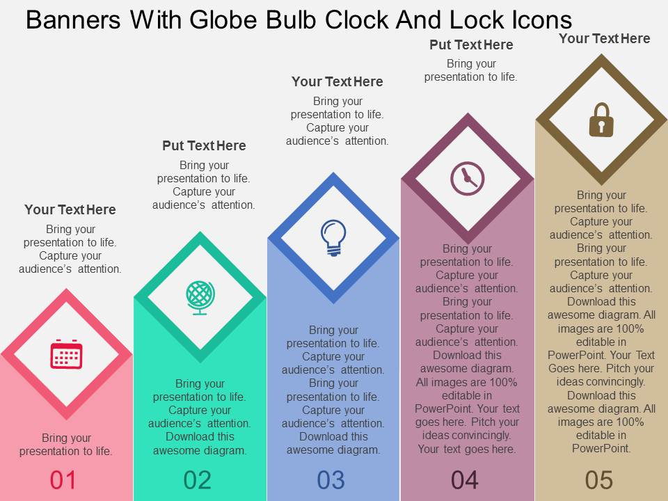 Banners With Globe Bulb Clock And Lock Icons Powerpoint Templates