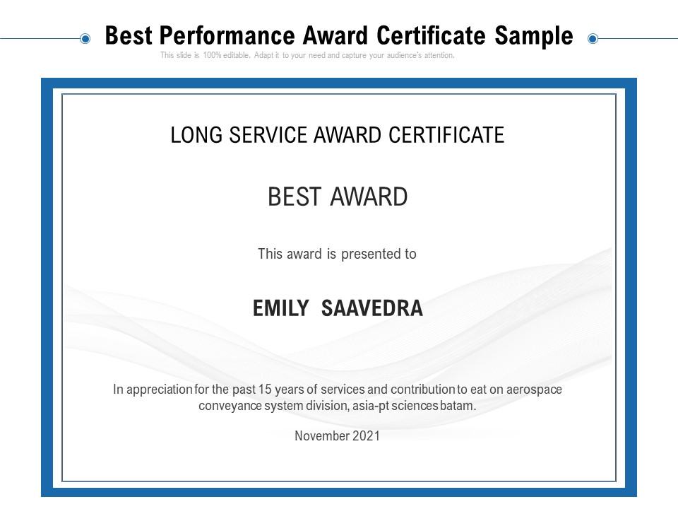 Best Performance Award Certificate Sample Ppt PowerPoint Presentation File Background PDF