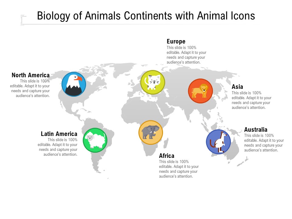 Biology Of Animals Continents With Animal Icons Ppt PowerPoint Presentation File Pictures PDF