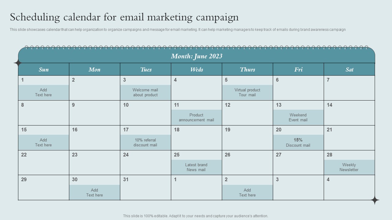 Brand Awareness Strategy Scheduling Calendar For Email Marketing Campaign Pictures PDF
