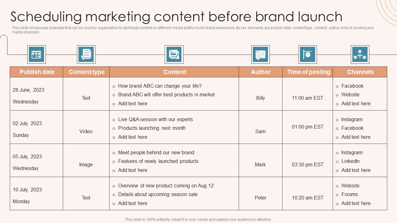 Brand Marketing Strategy Scheduling Marketing Content Before Brand Launch Wd Information PDF
