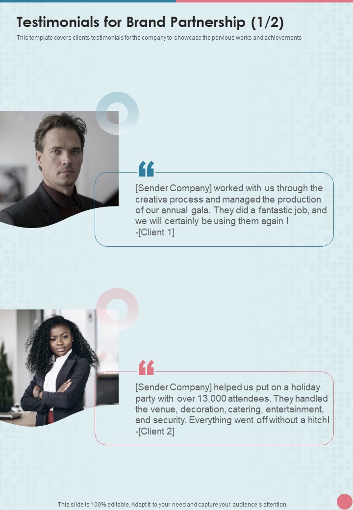 Brand Partnership Service Proposal Testimonials For Brand Partnership One Pager Sample Example Document