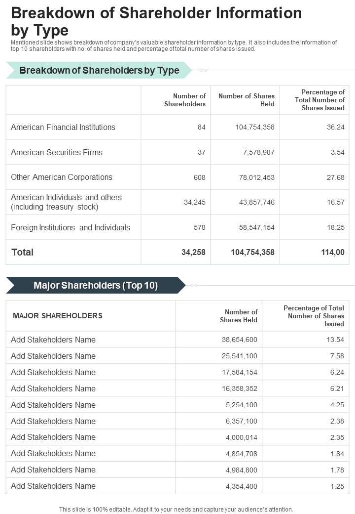 Breakdown Of Shareholder Information By Type One Pager Documents