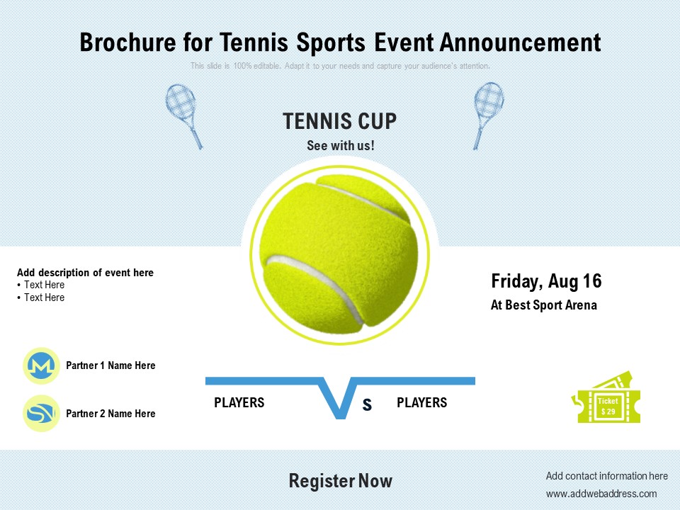Brochure For Tennis Sports Event Announcement Ppt PowerPoint Presentation Gallery Graphics Template PDF