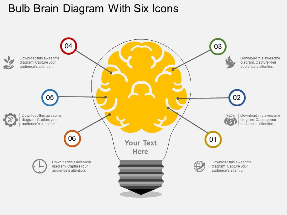 Bulb Brain Diagram With Six Icons Powerpoint Template