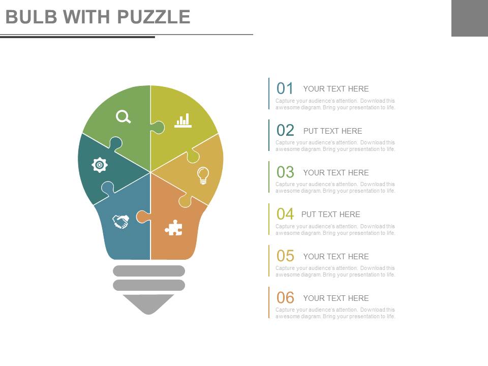Bulb Puzzle Design With Business Icons Powerpoint Slides