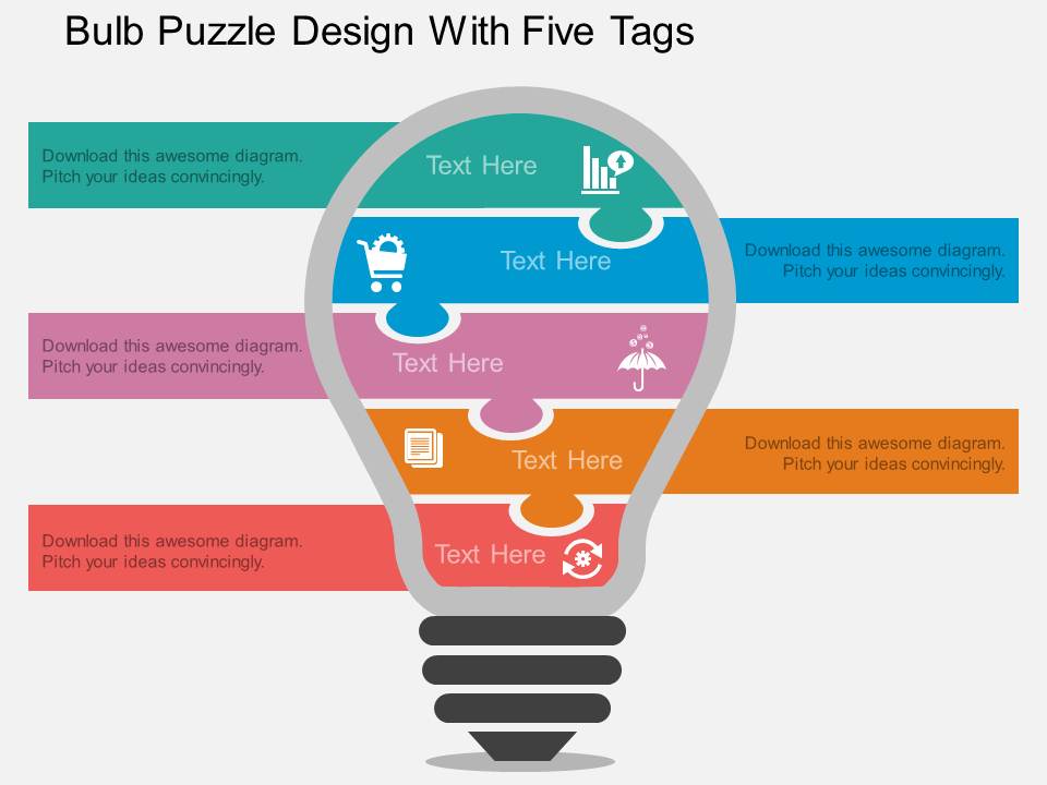 Bulb Puzzle Design With Five Tags Powerpoint Template