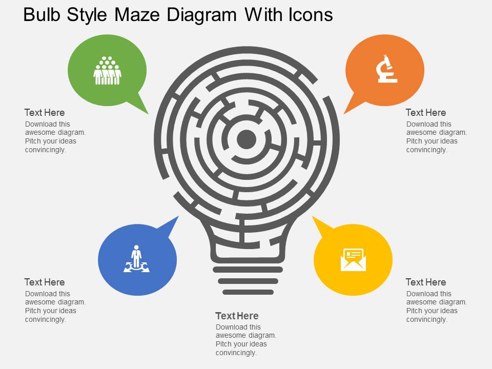 Bulb Style Maze Diagram With Icons Powerpoint Template