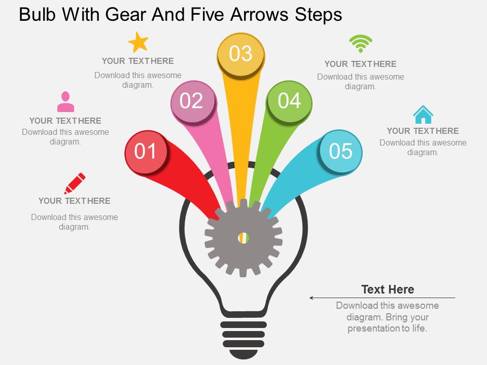 Bulb With Gear And Five Arrows Steps Powerpoint Template
